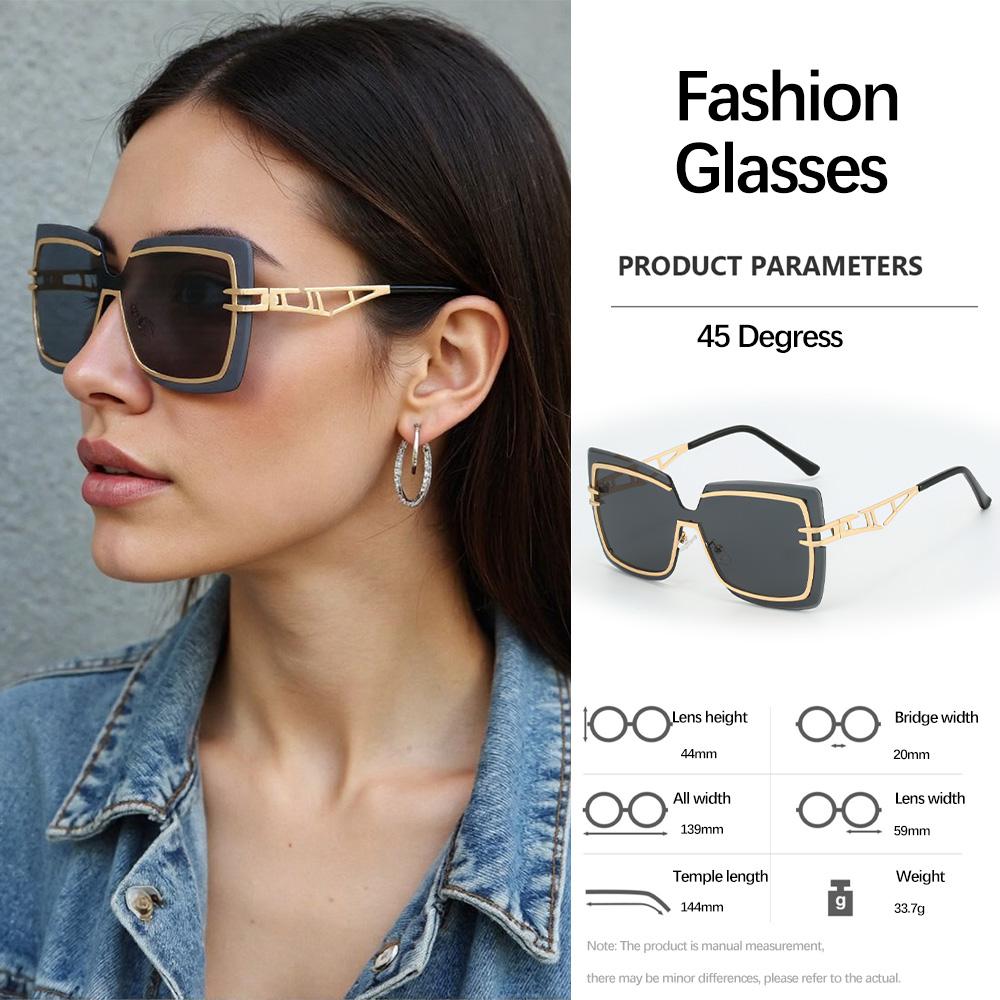 

Sunglasses Women Square Large Frame Glasses With Gold Metal Temple Decoration Light Luxury Modern Style Vintage Glasses Women