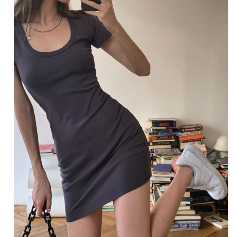 Summer U-neck Short Sleeve Dress for Women New Fashion Elegant High Waist Thin Casual Bodycon Dresses Female Solid Color Simple Party Short Dress 3595
