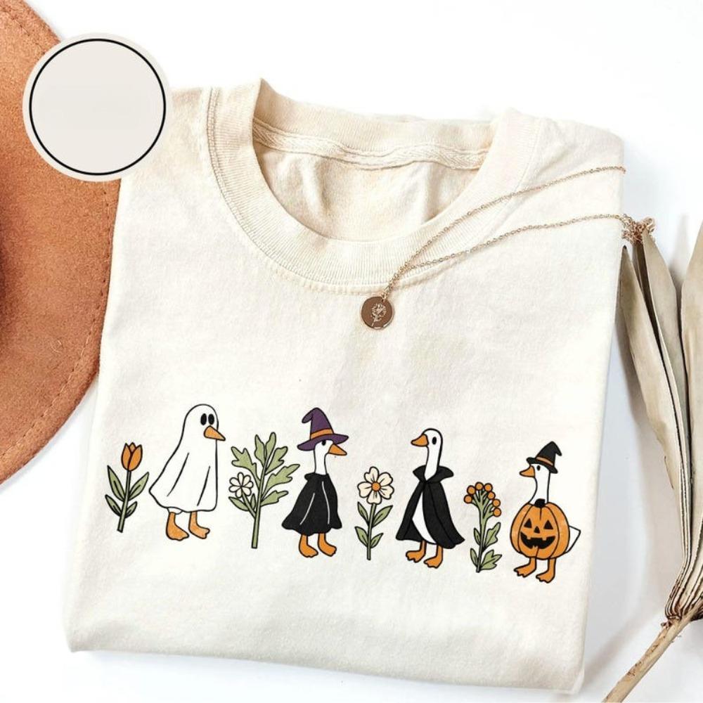 Spooky Season Halloween Goose Ghost Printed Tshirt Tops Funny Witch Hat Floral Style Casual Simple Tshirt Woman Man Cotton To... S разноцветный