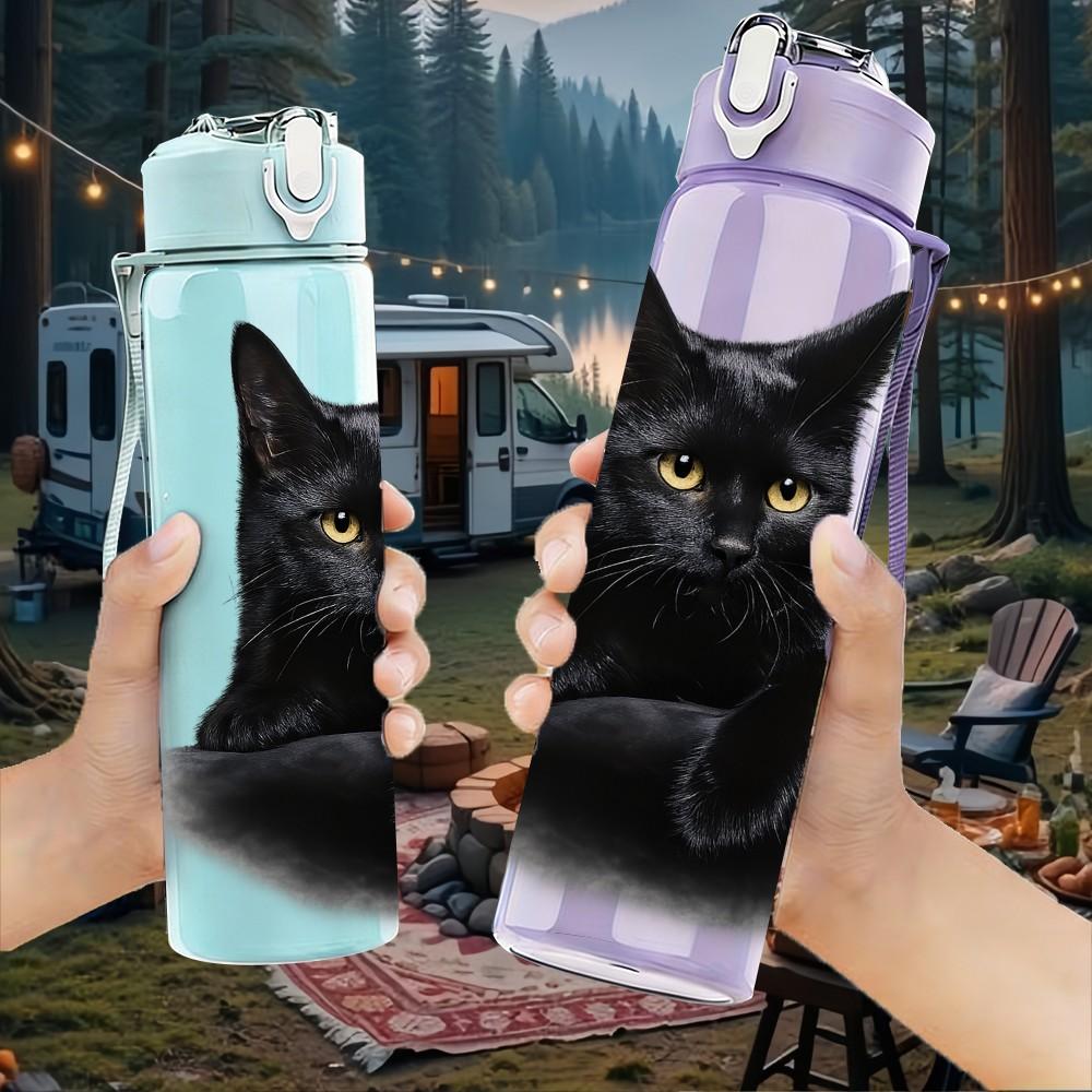 1PC Black Cat Moon Night Simple Art Print 750ml Color Plastic Sports Water Bottle Leakproof Flip Straw Lid Suitable for Sports Office Home Use