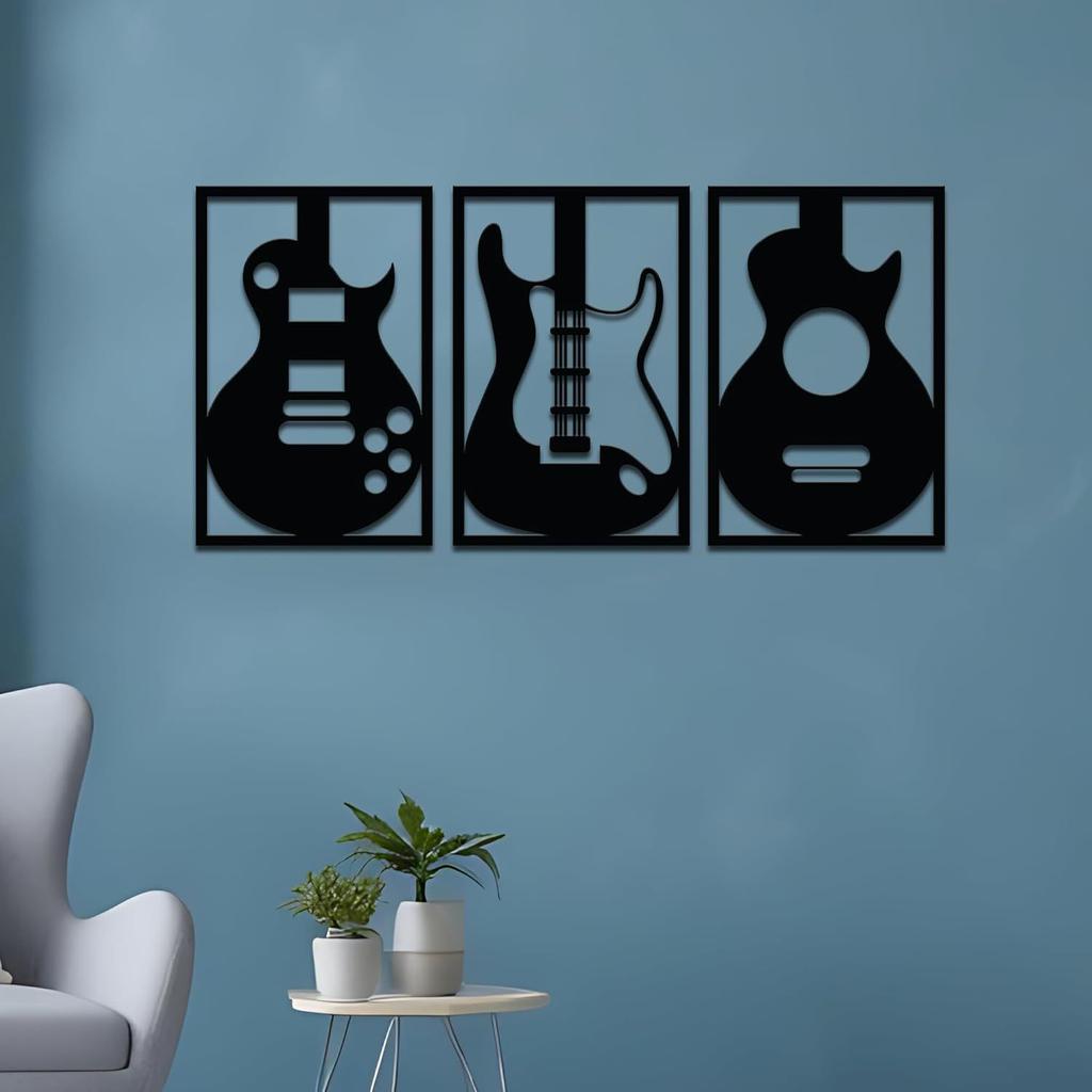 Pre-Laminated Pine Wood Guitar Wall Art | Laser Cut Precision | For Home Décor | For Gifting (Set of 3)
