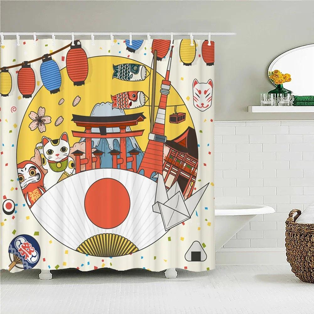 Duschvorhang im japanischen Stil 3D-Tuschemalerei Badezimmervorhang Wasserdicht mit Haken 180*240CM Duschvorhang Polyestergewebe