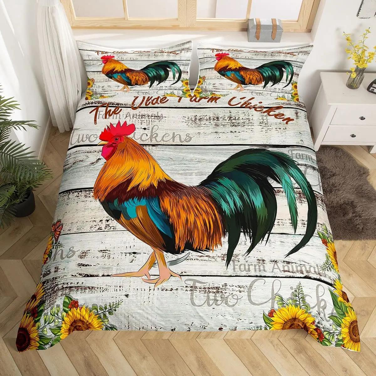 

Vintage Roster Hen Warm Comforter Cover Farmhouse Cock Soft Duvet Cover Farm Chicken Beding Set King Chicken Cop Country Decor for Home 135*200cm Eu-Single