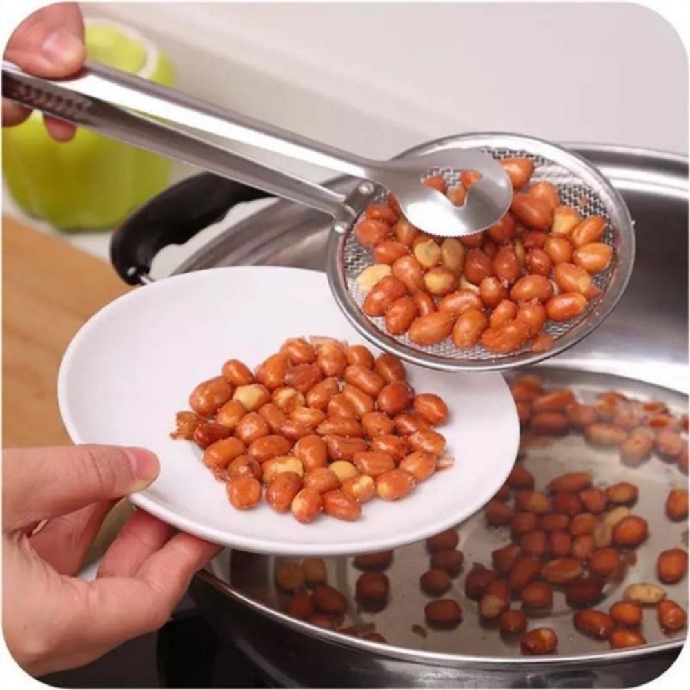 Stainless Steel Fried Food Fishing Oil Scoop, Multi-functional Filter Spoon with Clip Food Kitchen Oil-Frying BBQ Filter