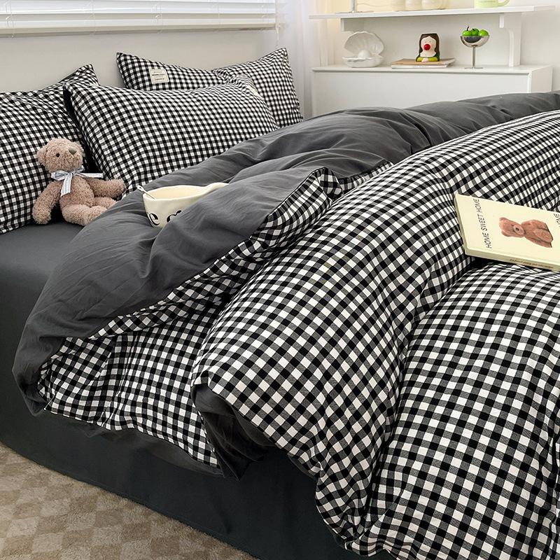Simple Pure Cotton Four-piece Set Plaid Pure Cotton Bed Sheet Quilt Cover Bed Sheet Type Pure Cotton Dormitory Three-piece Set