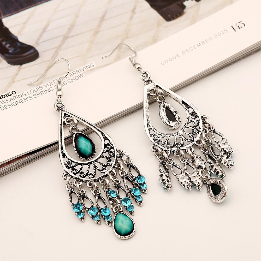 Bohemian Ethnic Style Antique Silver Color Alloy Hollow Acrylic Resin Gems Water Droplet Tassel Earrings Women Vacation Jewelry
