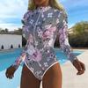 Women Long Sleeve One Piece Swimsuit Zip Front Ink and Wash Flowers Print Rash Guard Surfing Bathing Suit
