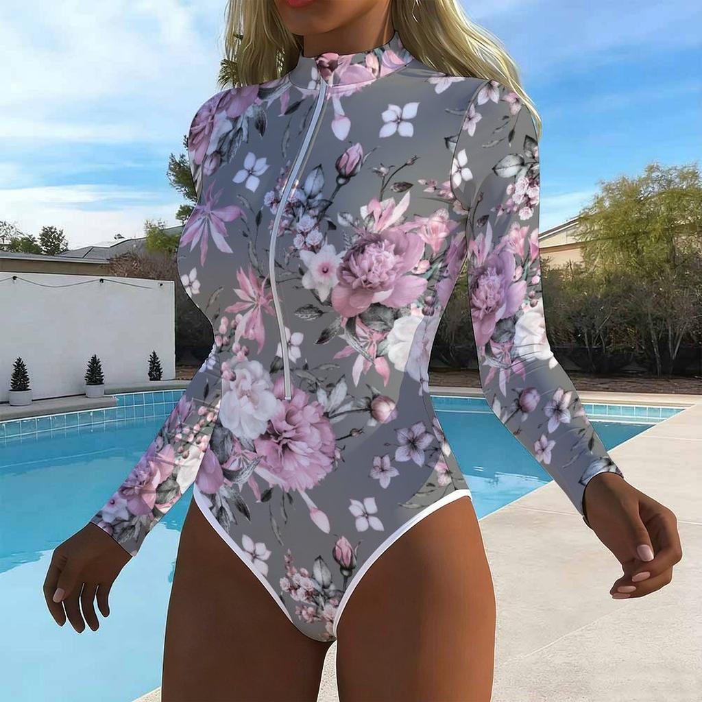 Women Long Sleeve One Piece Swimsuit Zip Front Ink and Wash Flowers Print Rash Guard Surfing Bathing Suit