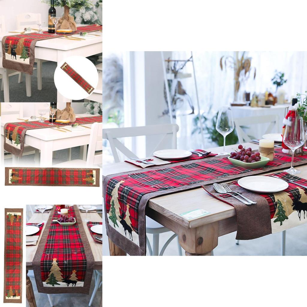 Charming Christmas Table Flag Stylish Plaid Fabric Embroidered Table Decor For Holiday Gatherings
