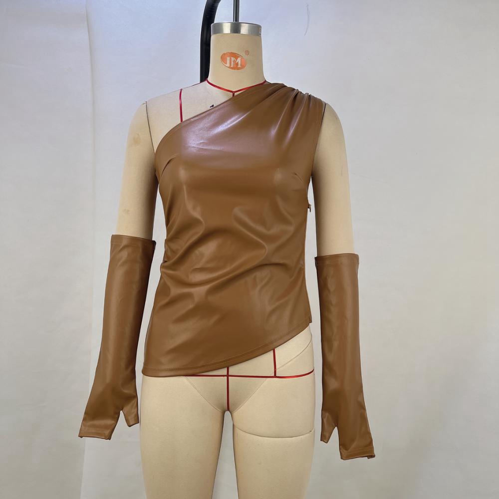 2024 Women's Street Fashion Sleeveless Oblique Collar PU Leather Vest with Sleeves