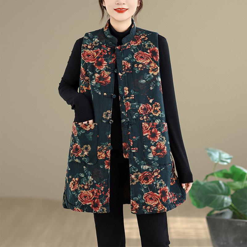 Retro Chinese Stand Collar Frog Button Printed Padded Vest - Winter 2026 Mid-Length Sleeveless Design