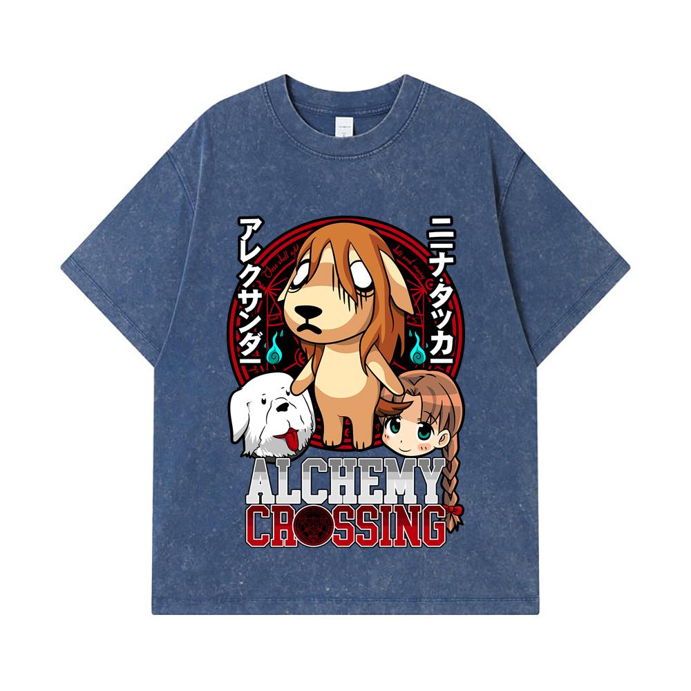 

275 GSM Washed T-shirts 100% Cotton Fullmetal Alchemist V5 Alchemy Crossing Print Unisex Heavy Cotton T Shirt 2XL королівський синій колір