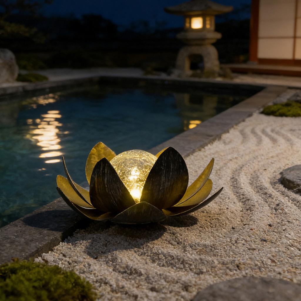 Metal Lotus Solar Garden Light with Crackled Glass Globe Outdoor Decorative Patio Yard Landscape Lamp for Home Villa Ambient Lighting