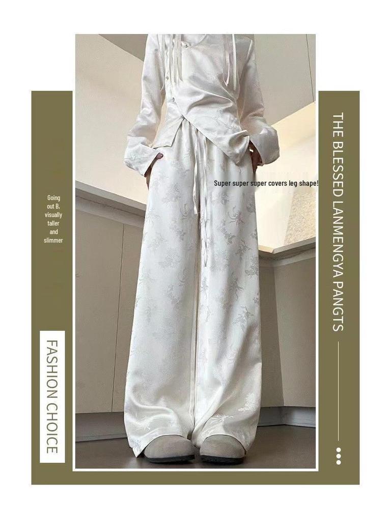 Chinese National Style 2024 Women's Wide-Leg Jacquard High-Waisted Satin Pants