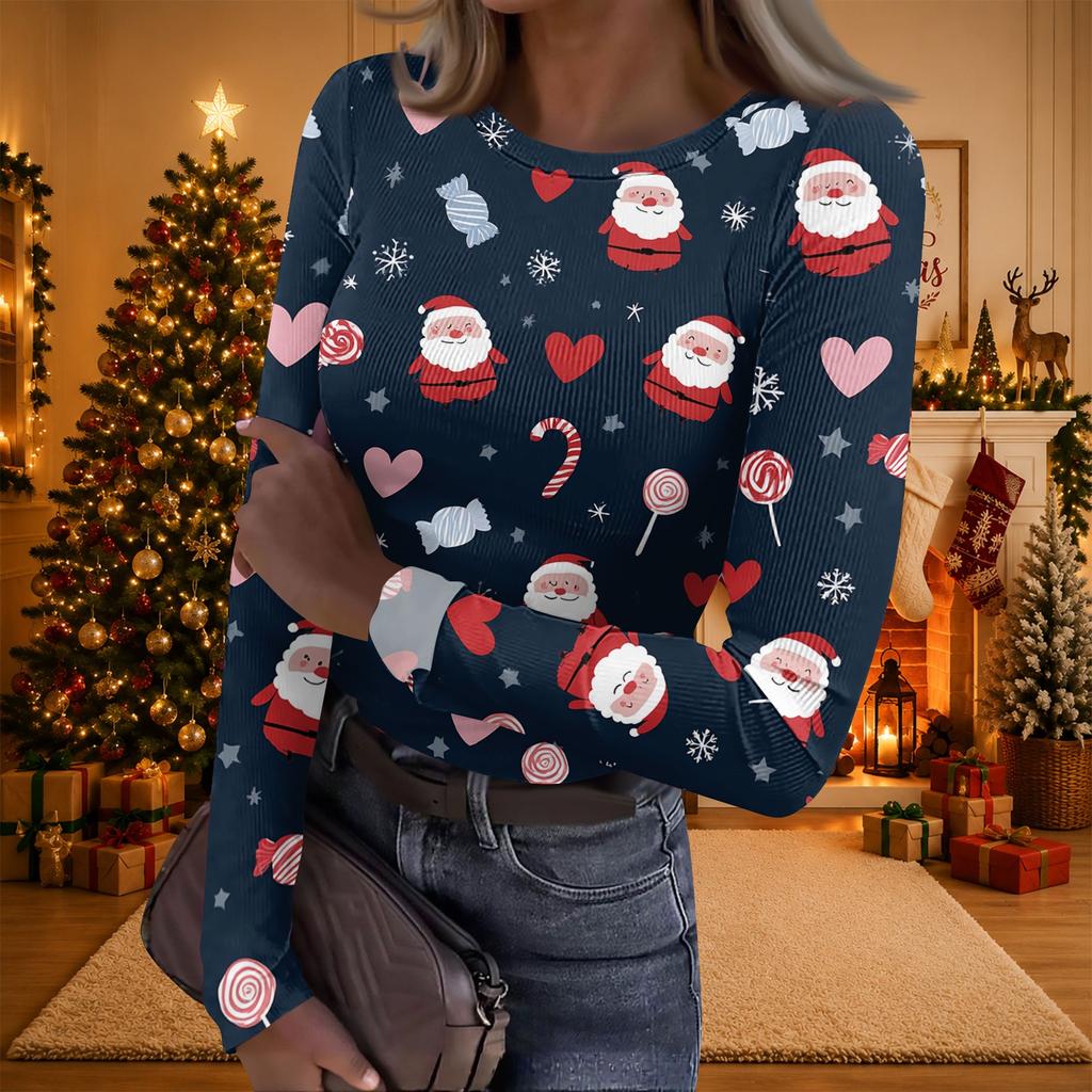 Women's Christmas Print Long Sleeve Round Neck Ribbed Knit Top