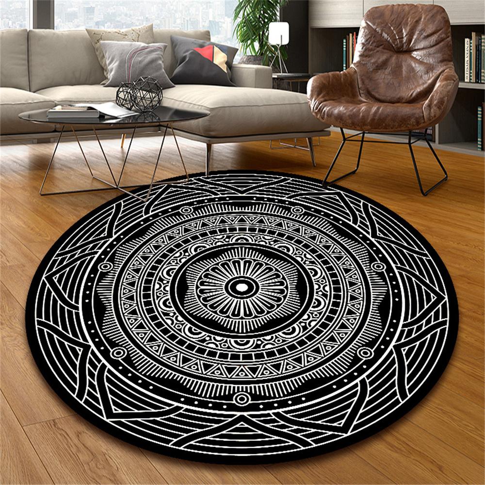 Mandala Carpet Dirt Resistant Black Round Carpet for Living Room Boho Flower Printed Floor Rug Anti-slip Blanket Home Decor Mats