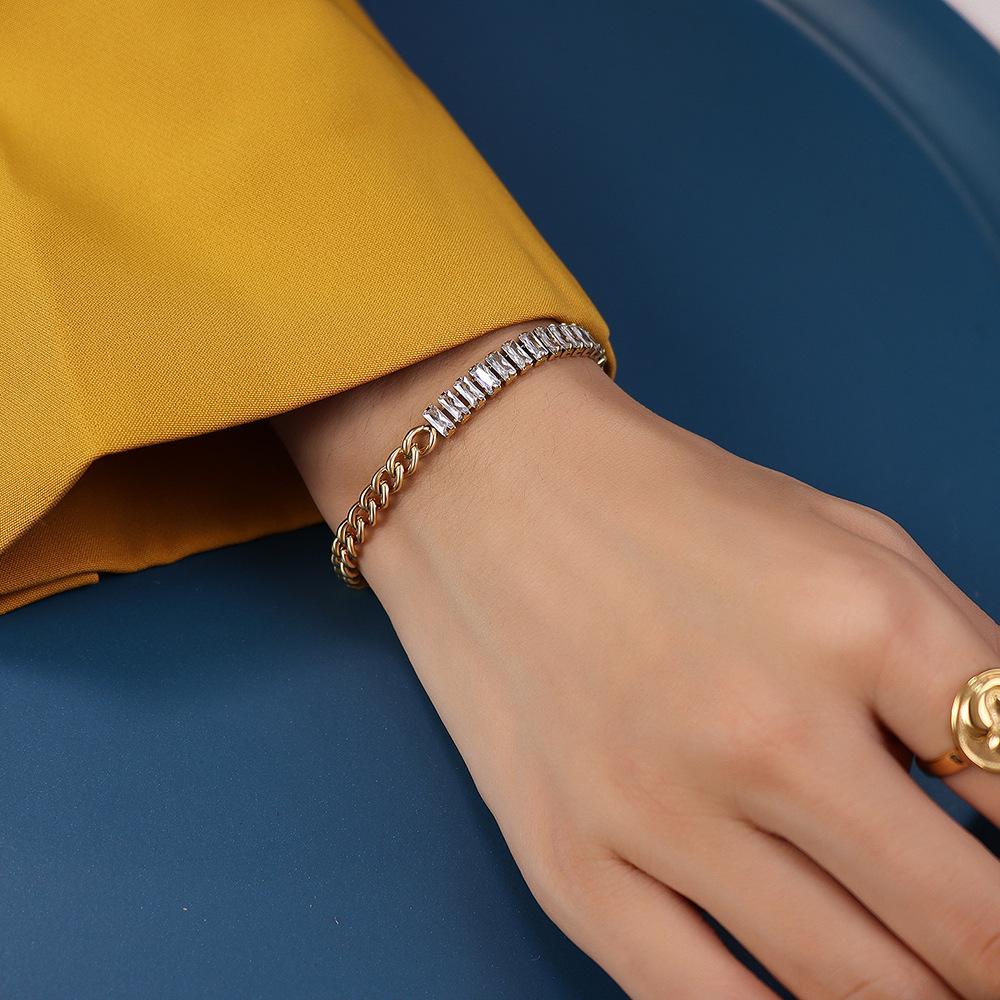 Versatile European-American Zircon Chain Bracelet, 18K Gold-Plated Titanium Steel