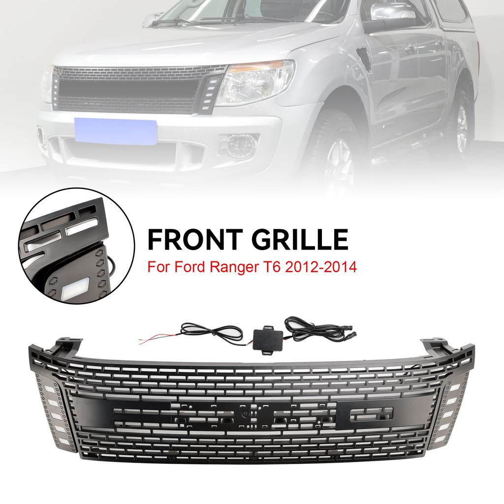 Matt Black Front Bumper Grill Grille Fit Ford Ranger T6 2012-2014 W/ LED Light