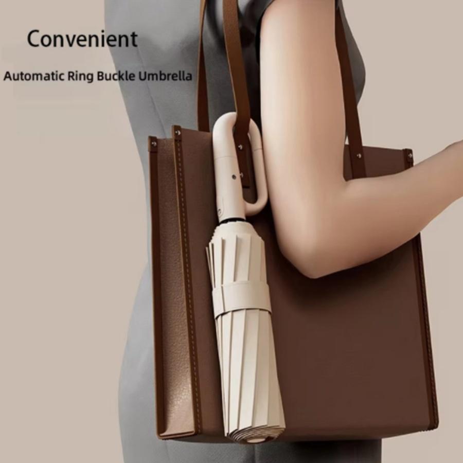 Ring Buckle Handle Windproof Strong Folding Automatic Umbrella Woman Man, 20 Ribs Anti UV Umbrella Water Resistant Parasol