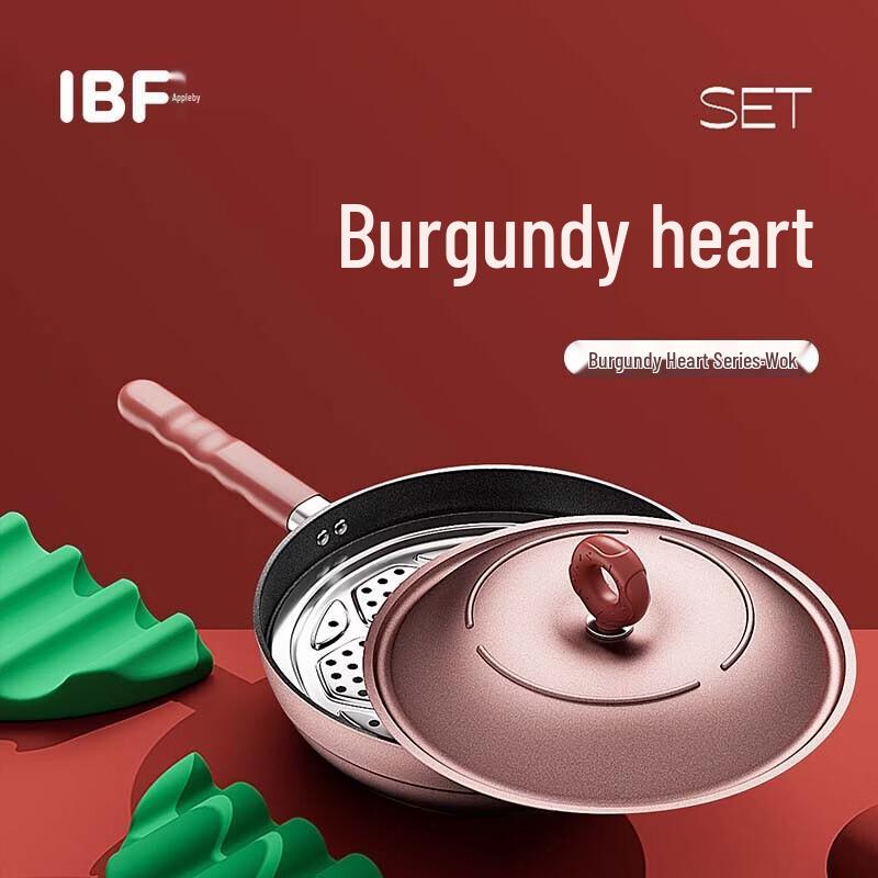 IBF Burgundy Heart Enamel Wok