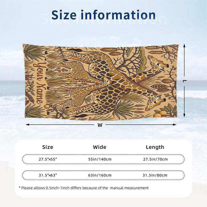 Giraffe Art Deco Poster Theme Quick Dry Beach Towel Custom Name Text Print Large Sand Resistant Towel Beach Vacation