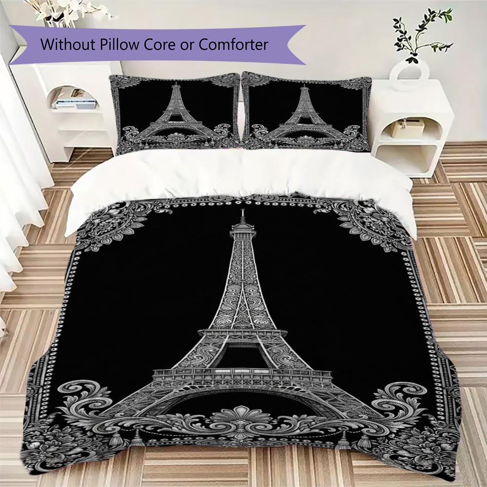 Paris Eiffel Tower Pattern Bedding Uilt Set Uilt Cover Pillowcase Home Decoration Birthday Gift (1 * Duvet Cover + 2 * Pillowcase Without Core)86