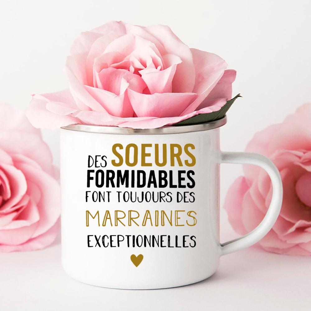 Würden Sie meine Patentante sein? Emaille-Becher, Tasse, Milch trinken, Kaffeetassen, Marraine Parrain, Anfrage, Retro-Becher, beste Geschenkidee