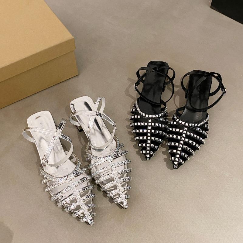 Fashion 2025 Luxury Rhinestone Narrow Band Sandals Woman Elegant Point Toe Low Heel Ankle Strap Ladies Evening Party Shoes