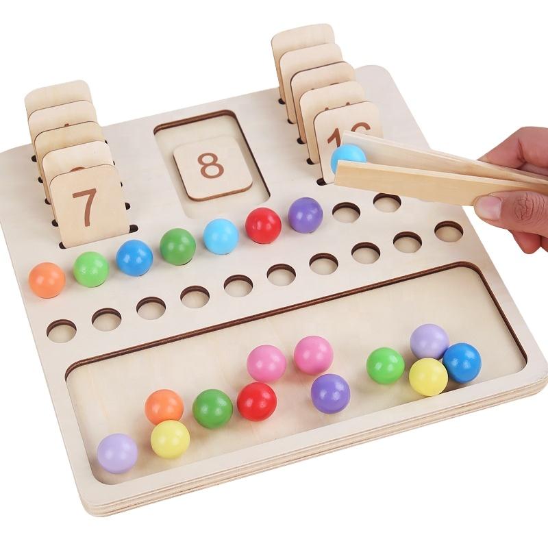 Preschool Teaching Aids Wooden Arithmetic Counting Bead Clip Two in One Toy