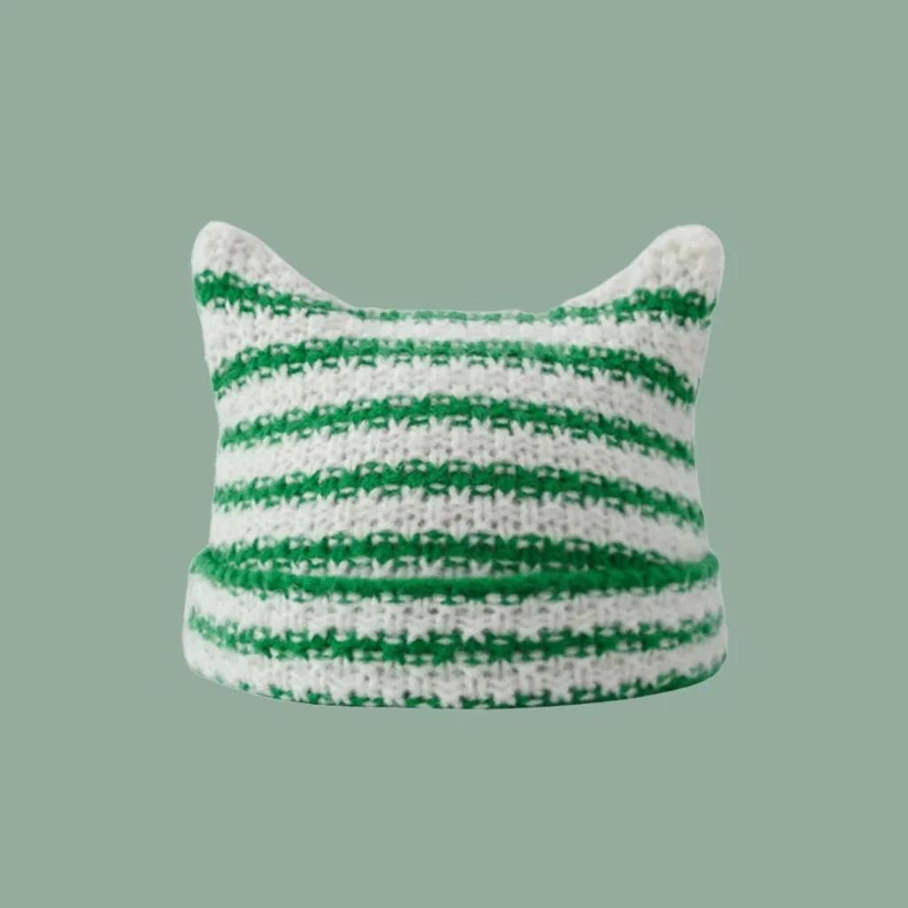 New Japanese Streetwear Harajuku Beanie Little Devil Striped Knitted Hat Women Girls Autumn Winter Cute Cat Ears Cap