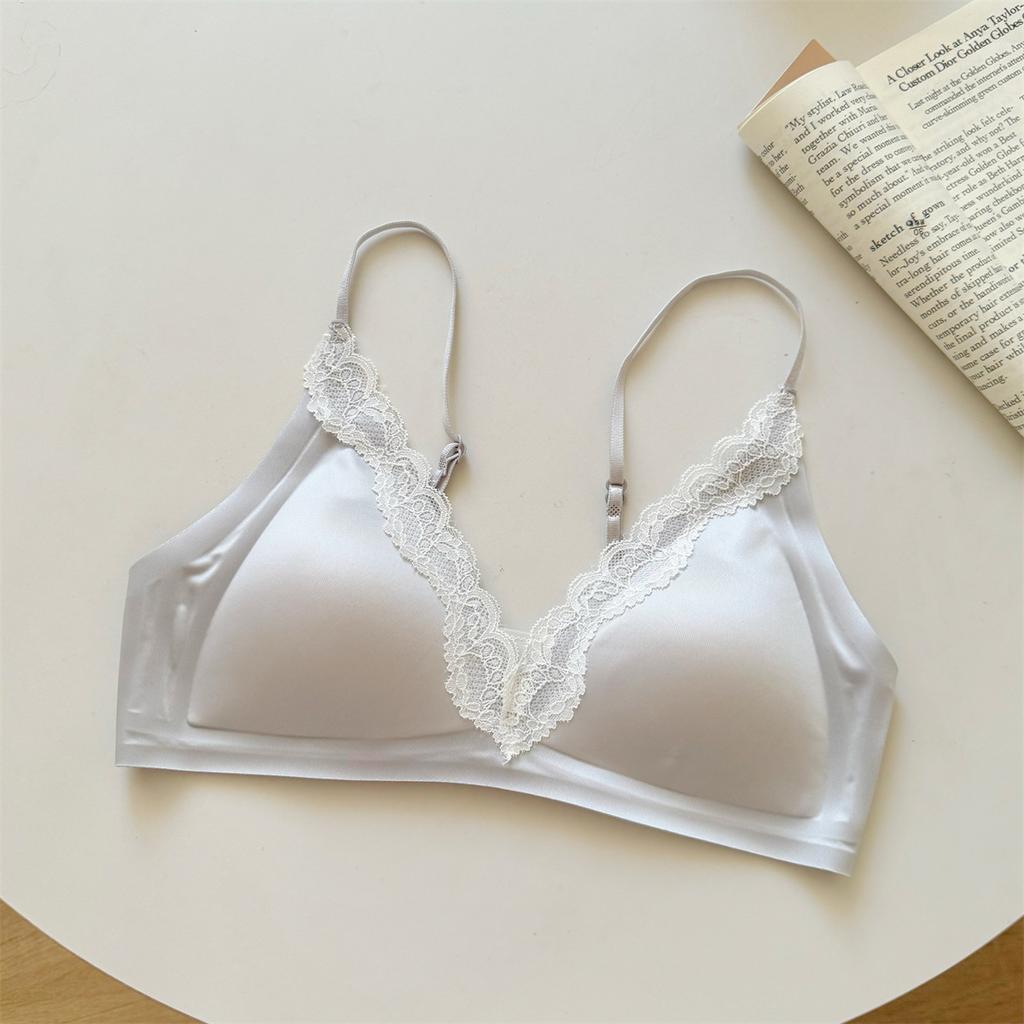 Lace Gather French Deep V Satin Thin Shoulder Strap Thin Seamless Triangle Cup Comfortable Text