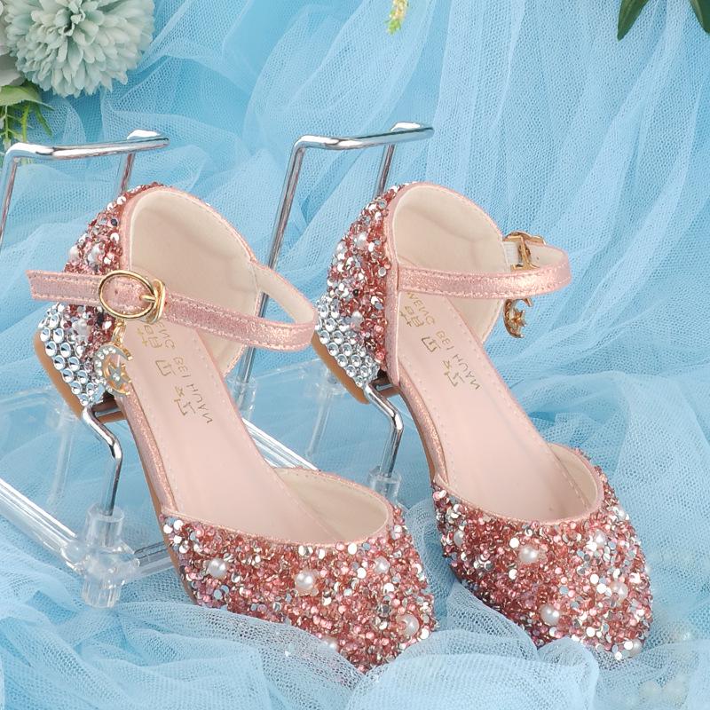 Girls Crystal Bow High Heel Shoes Shiny Princess Dress Footwear Piano Performances Leather Kids Party Pumps
