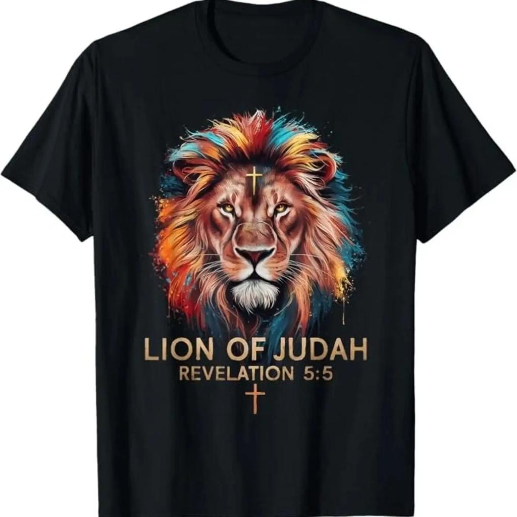 Lion of Judah Christian Cross T Shirt Stretched Comfortable Unisex Versatile Streetwear Slight