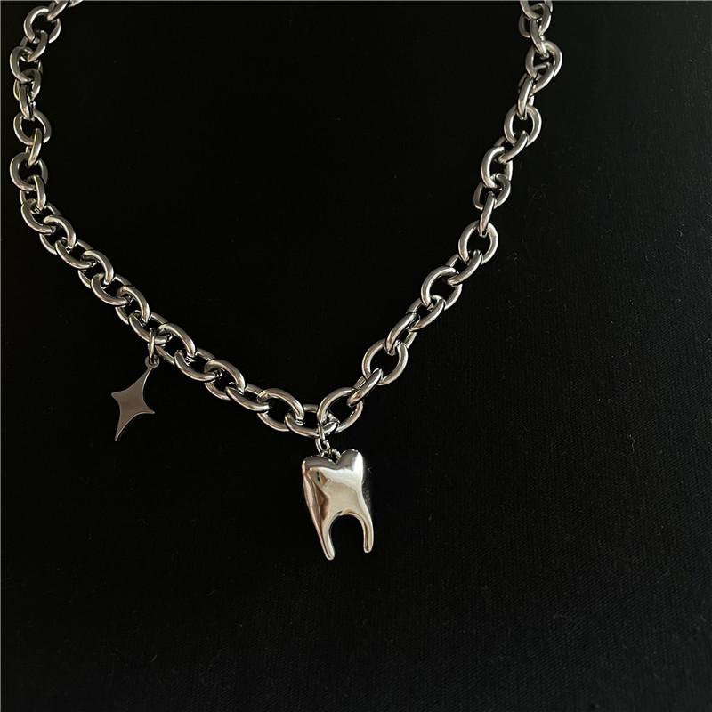 Hip Hop Stainless Steel Titanium Steel Thick Chain Necklace Funny Tooth Shape Pendant Collarbone Chain Neck Chain 1PCS