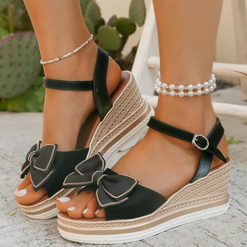 Fashion Fashion Bowknot Chunky Platform Sandals Woman Ankle Buckle Strap Wedge Heel Sandals for Women Summer 2025 Thick Sole Beach Shoes
