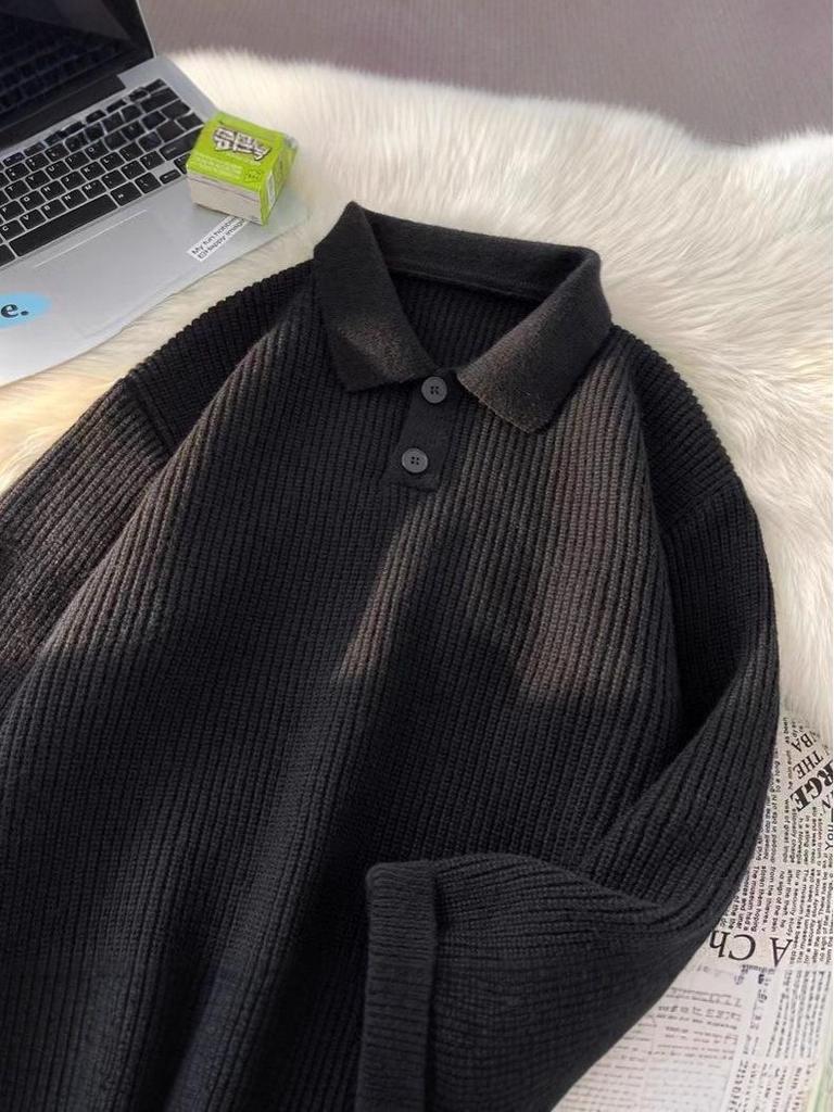 Men's Loose Fit Lapel Sweater - Trendy Hong Kong Style, Versatile Long Sleeve Solid Color Knitwear for Autumn and Winter.