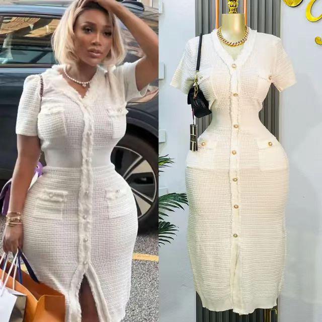 2025 Summer Korean V-neck Short-sleeve Knit Dress - Cinched Waist & Elegant Style