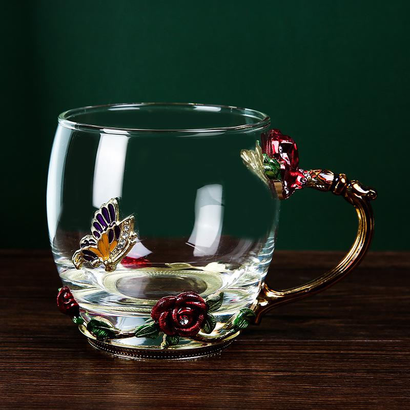 Rose Flower Cup Enamel Water Cup Heat-resistant Glass Cup Enamel Coffee Tea Cup Mug 3D Rose Butterfly Glass Cups Wedding Gift