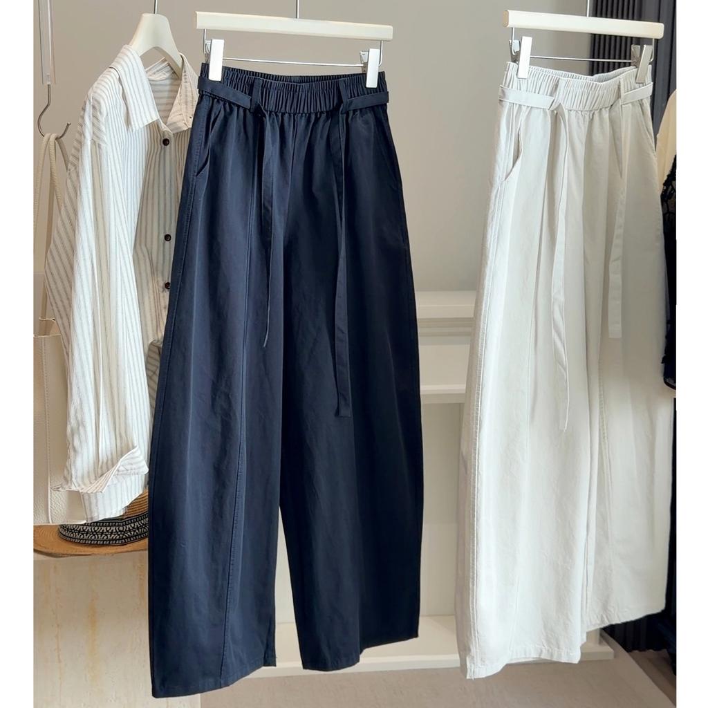 Women's High Waist Elastic Drawstring Wide Leg Pocket Solid Casual Long Pants
