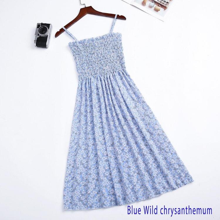 2023 Sommer Blumenbedrucktes Chiffon Mini Kleid Damen Lässig Mode Spaghetti Träger Ärmellos Elastisches Hochtaillenkleid