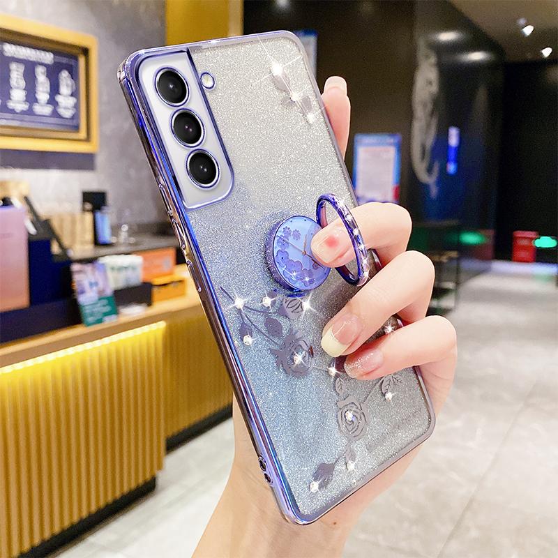 

KADEM For Samsung Galaxy S21+ 5G TPU Case with Kickstand Glitter Flower Pattern Rhinestone Decor Purple