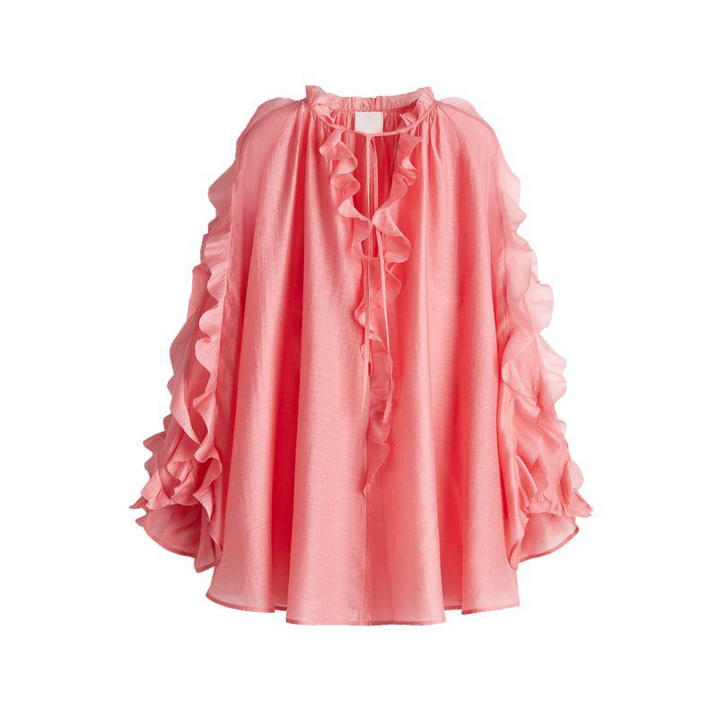 

Spring New Women clothes French style Loose Frill round Neck Long sleeve Frill Short Dress 1266376 Pink L