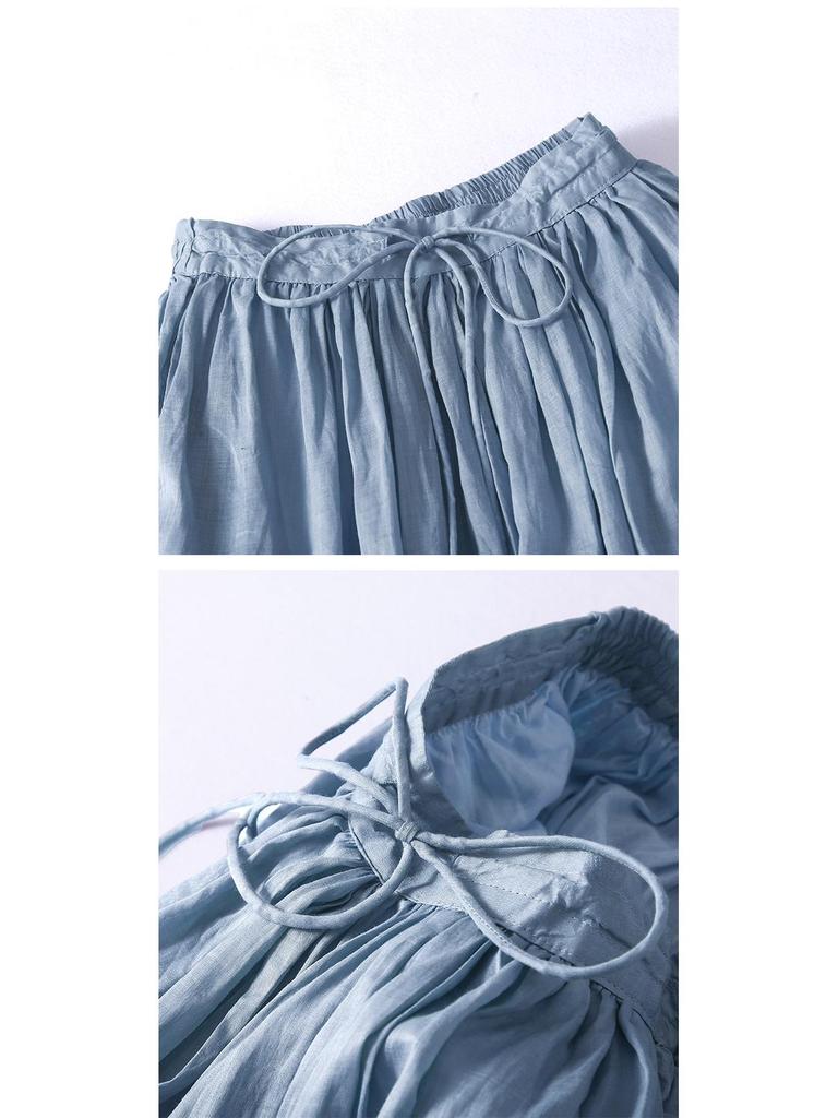 2023 Summer Japanese & Korean Loose Flowy Linen Midi Skirt with Elastic Waist