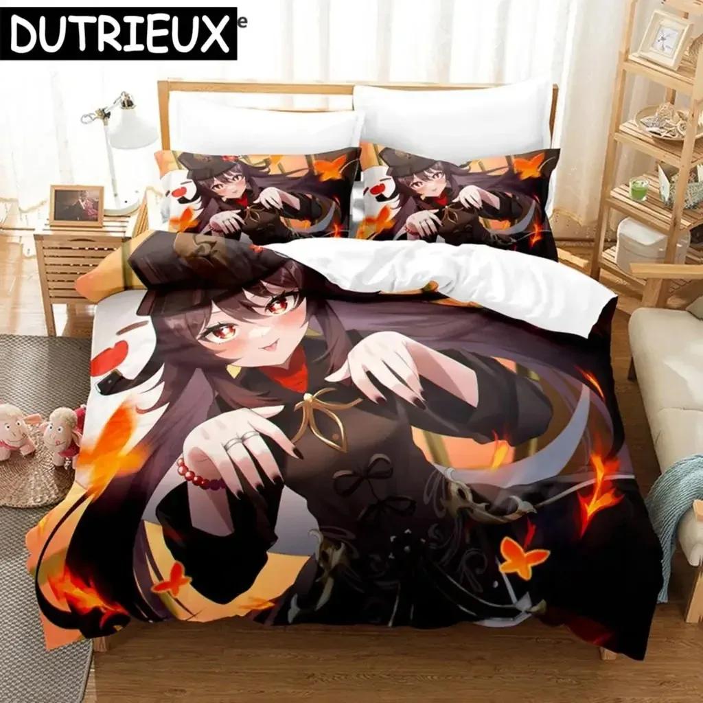 Hu Tao Genshin Impact Spiel 3D Bettbezug Bettwäscheset Steppdecke Leinen Kissenbezüge Heimdeko Einzel Doppel Twin King Queen