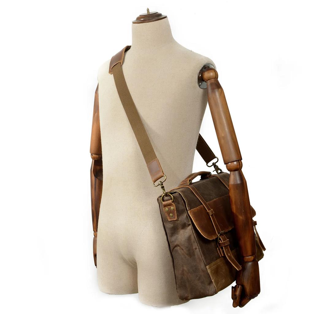 Waterproof Oil Wax Canvas with Leather Briefcase Retro Business Men's Bag Shoulder Messenger Portable Patchwork Bag