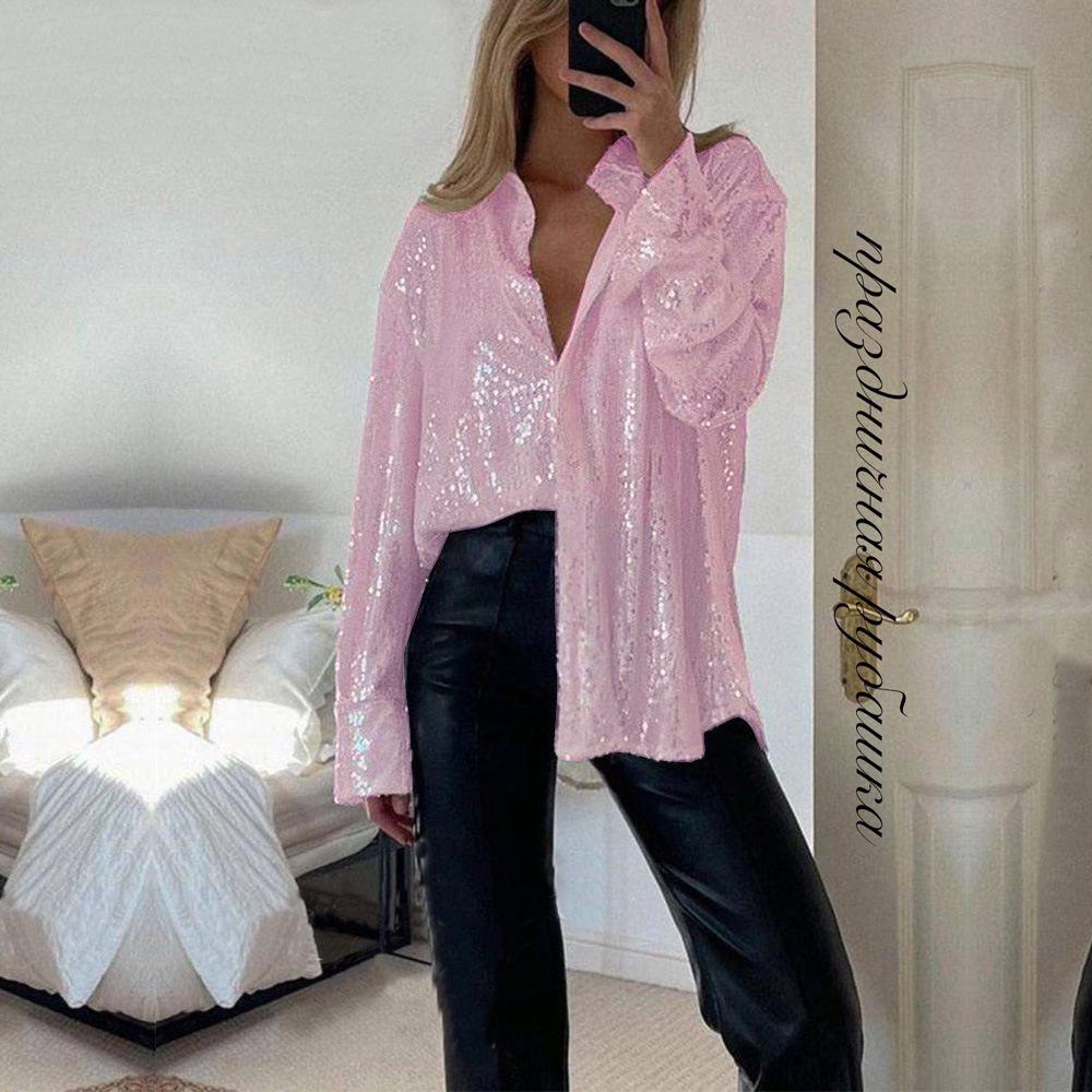2025 Autumn/Winter European & American Sequin Long Sleeve Turn-Down Collar Sexy Women's Shirt Jacket