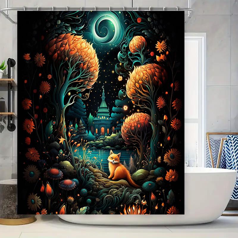 

Занавеска для душа «Зачарованный лес»: Волшебное дерево с лунной дорожкой Роскошный оранжевый коврик для ванной с котом Декоративный набор для ванной для Гир 90x180cm