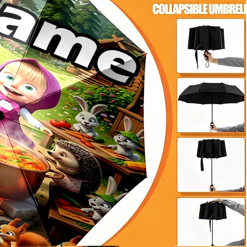 Custom Name Personalized Masha and The Bear Print Umbrella, Auto Open Close, 8‑Rib Sturdy Frame, Commute Camping Hiking Use, Birthday Gift