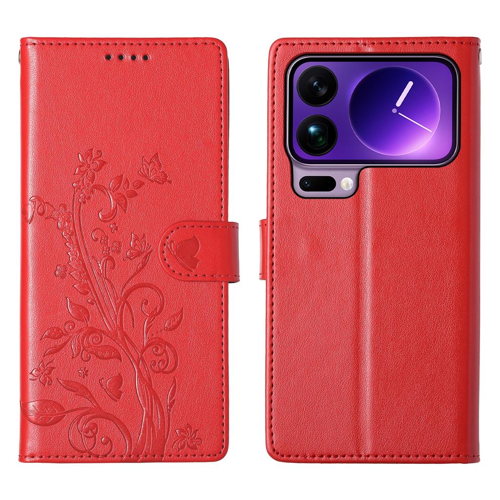 For Xiaomi 17 Pro Max Wallet Case Butterfly Floral Imprint PU Leather Phone Cover with Wrist Strap