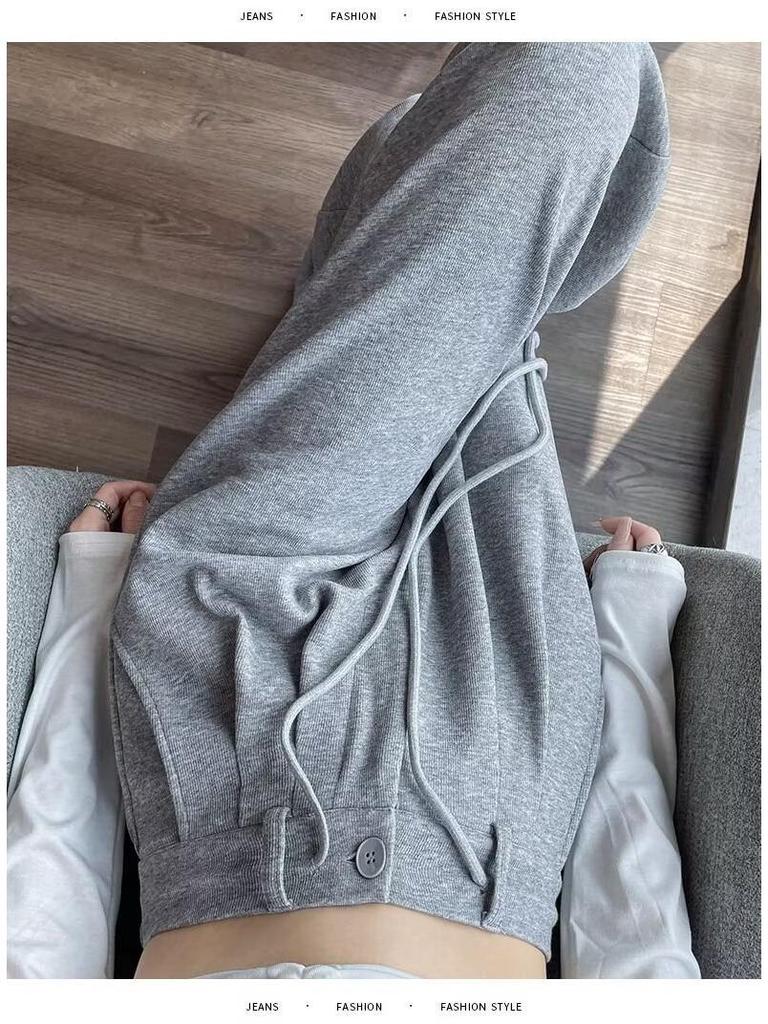 Women's Gray High-Waisted Wide-Leg Sweatpants - Casual Drawstring Fit for Autumn and Winter